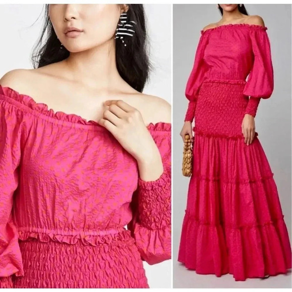 Alexis Thalssa Off The Shoulder Shirred Maxi Dress Fuchsia Dot - Picture 1 of 10
